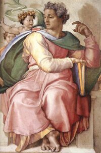 Isaiah the Prophet in Hebrew Scriptures was depicted on the fresco at the Sistine Chapel ceiling by Michelangelo. Isaiah (Jesaja), 1509, Michelangelo