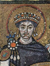 Justinian I depicted on one of the famous mosaics of the Basilica of San Vitale
