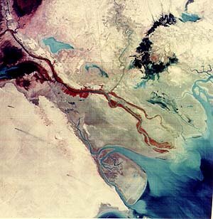 Tigris and Euphrates Rivers empties through a delta into the Persian Gulf in southeastern Iraq