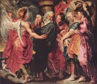 A Peter Paul Rubens painting of Lot and his family fleeing Soddom.