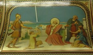 Church Icon at St Polycarp's Roman Catholic Church depicting Polycarp miraculously extinguishing fire of the city of Smyrna (Izmir, Turkey).