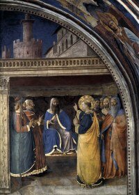 Dispute before Sanhedrin, Date: 1447-49, Artist Angelico, Fra. Fresco, Location: Cappella Niccolina, Palazzi Pontifici, Vatican