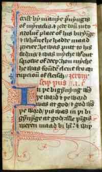 The beginning of the Gospel of John in a copy of John Wycliffe’s translation of the Bible. This copy was made in the late 14th century and was pocket sized, probably for the use of a wandering preacher, perhaps a Lollard. The edition contained only segments of the New Testament. This copy eventually worked its way to Wycliffe biographer John Lewis (1675-1747).