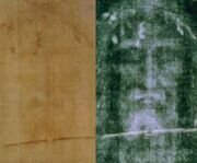 The Shroud of Turin photo of the face, positive left, negative right